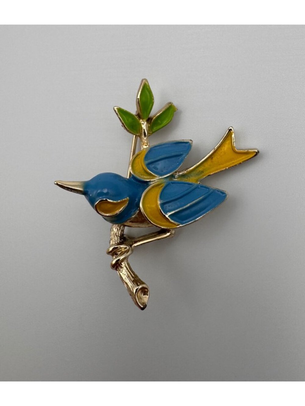 Vintage Enamel Swallow Bird Brooch Blue Green Yellow Gold Tone Figural Pin